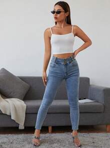 SHEIN EZwear Rib-knit Crop Cami Top - White - View 3