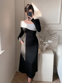DAZY Women's Contrast Color Patchwork Asymmetrical Neck Bodycon Midi Dress, Elegant Party Dress