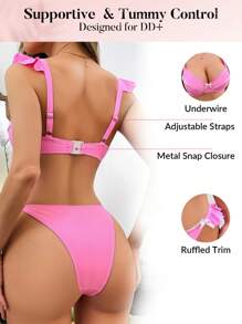 Swim DD+ Conjunto de bikini con tirantes ajustables, volantes, relleno extraíble y efecto push-up para el verano - Rosa - Ver 3