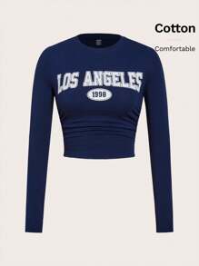 SHEIN EZwear Los Angeles Summer Outfit Long Sleeve Letter Graphic Crop Tee - Navy Blue - View 8