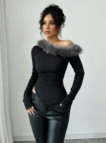 Selianne Áo thun nữ mùa thu xếp nếp bất đối xứng vai chắp vá mềm mại - màu đen - Xem 3