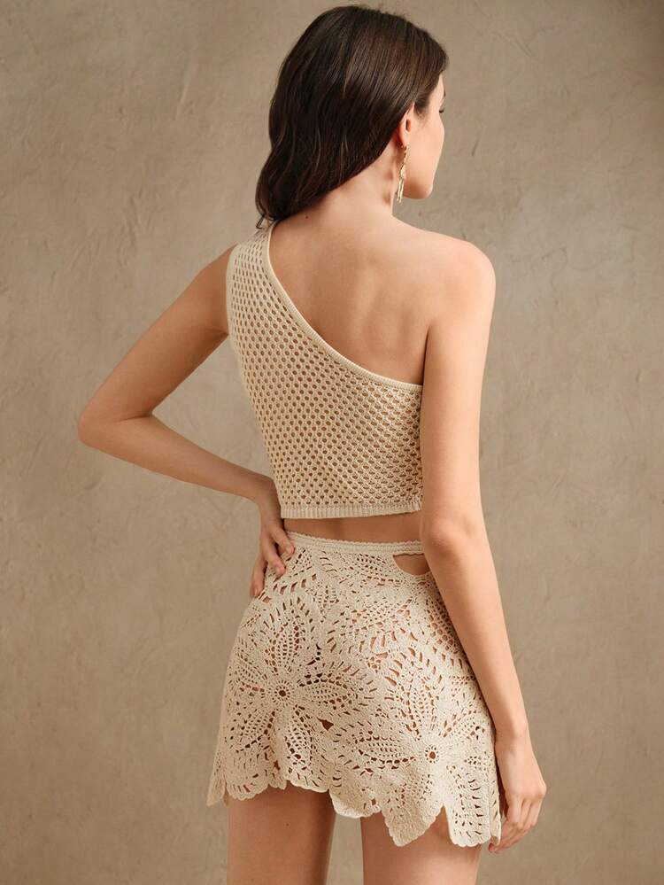 Easter, Festival Elegant Hollow-Out Shoulder Crochet Crop Top & Skirt 2 Pieces Outfit, Suitable For Beach Vacation Women Clothing 2 Pieces Summer