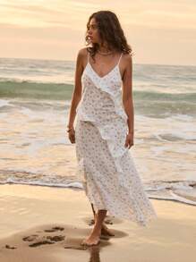 Aralina Summer Beach Outfit Vacation Ruffle Ditsy Floral Strappy Sundress Dress - Multicolor - View 5
