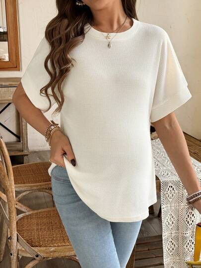 SHEIN Solid Color Crew Neck Casual Short Sleeve Maternity Top