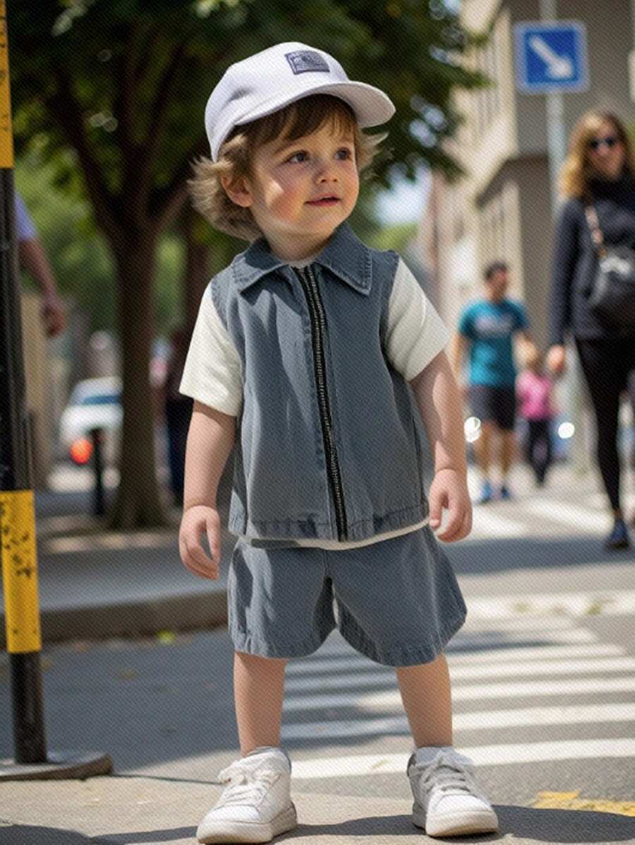 SHEIN 2 Stücke Baby Jungen Sets, Frühling & Herbst Denim 3-teiliger Outfit - Modische Weste mit Kragen, weißes Kurzarm T-Shirt und Shorts. Geeignet für Outdoor-Spiel, lässige Freizeitkleidung, Urlaub, Geburtstagsfeiern und Familienzusammenkünfte. Bequemer, strapazierfähiger Kleinkind und Unisex Sommer Outfit