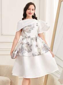 SHEIN Teen Girl White Gorgeous Asymmetric Collar Decor Satin Dress, Court Party Dress - White - View 3