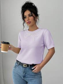 Elenzga Women Faux Pearl Decor Bow Knit Top, Round Neck Short Sleeve Casual For New Year Clothes - Dusty Purple - View 4