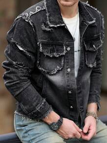 Manfinity LEGND Men's Single Breasted Frayed Trim Casual Denim Jacket, Autumn - Black - View 5