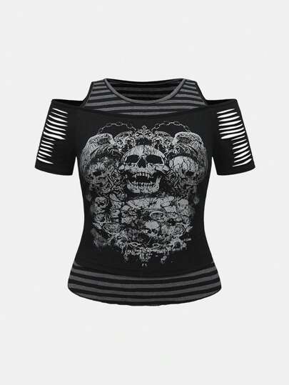 Grunge Punk Plus Size Skull Print & Striped Contrast Shoulder T-Shirt