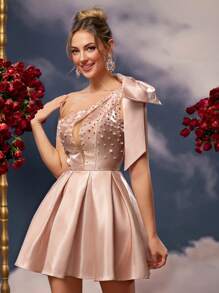 Lovelzi Vestido de Baile Luxuoso de Linha A com Bainha de Brilho, Decoração de Laço no Ombro Champanhe Brilhante de Cetim, Tule com Recorte na Frente, Bordado Manual, Vestido de Festa, Vestido de Convidado de Casamento, Vestido de Formatura - Champanhe - Visão 6
