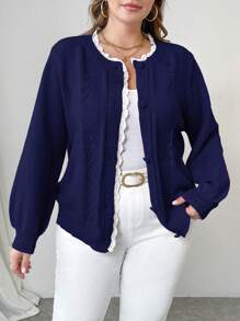 Celure Plus Size Women Solid Color Lace Loose Cardigan, Casual Autumn & Winter