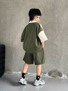 SHEIN 2pcs Kid Tween Boy Korean-Style Casual Versatile Comfortable Contrast Color Collar Patchwork Short Sleeve Loose Open Front Shirt And Shorts Set, Suitable For School, Garden, Beach, Birthday, Spring, Summer, Fall, Winter