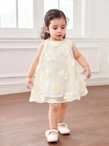 女婴优雅花卉无袖杏色连衣裙，夏季