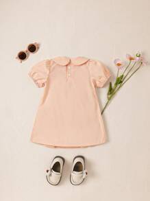 SHEIN 女婴可爱甜美蝴蝶印花领泡泡短袖连衣裙，日常春秋装 - 粉色 - 查看 2