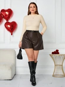 SHEIN Tall CURVE Plus Size Women's Solid Color Pleated Pocket Relaxed Casual Shorts - Rust Brown - View 5