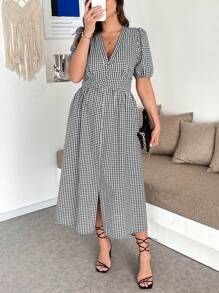SHEIN Clasi Plus Size V-Neck Gingham Print Short Sleeve Split Casual Midi Dress Casual Dresses For Woman Casual Dresses For Woman Women Midi Dresses Women Clothing Summer Dresses Country Concert Outfit Beachwear Vacation Rave Outfits Festival Beach Dresses Beach Vacation Outfits Graduation Outfit Casual Summer Outfits For Women Concert Beachwear Summer Outfits For Women - Black and White - View 3