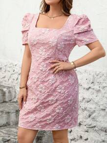 SHEIN Clasi Plus Size Women's Red Jacquard Puff Sleeve Slim Summer Dress, Women's Concert Dress, Women's Spring Dress, Women's Wedding Guest Dress, Women's Elegant Dress, Women's Birthday Dress, Pink Dress, Prom Dress, Romantic Dress, Elegant Dress
