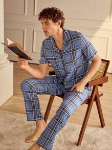 EverLounge Men's Front Button Short Sleeve Plaid Simple Top & Long Pants Pajama Set - Blue - View 4