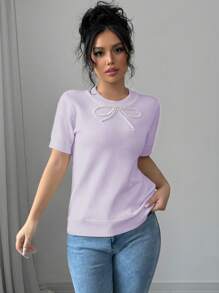Elenzga Women Faux Pearl Decor Bow Knit Top, Round Neck Short Sleeve Casual For New Year Clothes - Dusty Purple - View 3
