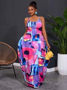 Slaydiva Plus Size Women Geometric Printed Sleeveless Casual Beach Dress With Pockets, Versatile For Spring & Summer - Multicolor - View 6