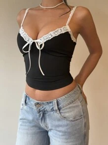 Aloruh 女士性感深V领蕾丝拼接修身吊带背心，正面蝴蝶结设计，适合春季和夏季穿着。 - 黑色 - 查看 4