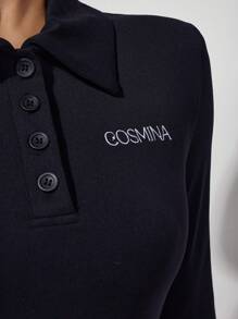 COSMINA 2 件女式字母印花长袖 Polo 衫和短裤套装 - 黑色 - 查看 6