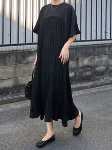 FRIFUL 女式荷叶边拼接宽松圆领连衣裙太阳裙 - 黑色 - 查看 3