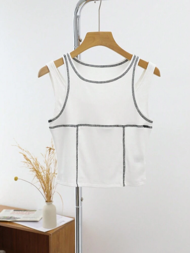 Women White Camisole Tank Top, Cropped And Open Shoulder, Spring/Summer