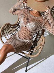 Swim Vcay 女士夏季服装 Springbreak 女士镂空透视贝壳装饰长袖喇叭袖口船领针织沙滩罩衫连衣裙 - 卡其色 - 查看 7