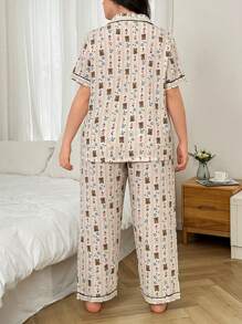 浪漫可爱小熊与花卉印花荷叶边领开襟加大码睡衣套装