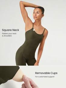 GLOWMODE Jumpsuit Bodysuit FeatherFit™ U-Back 26" dengan Kantong Pengontrol Perut, Dukungan Ringan, dan Dampak Rendah untuk Yoga, Pilates, dan Studio Musim Panas. - Hijau Tentara - View 3