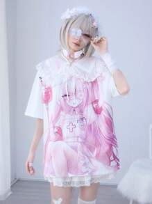 ROMWE Anime Camiseta de manga corta de cuello redondo, corte holgado, con estampado de una chica yandere de anime y dibujos animados, color rosa