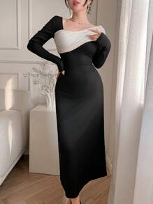 DAZY Women's Contrast Color Patchwork Asymmetrical Neck Bodycon Midi Dress, Elegant Party Dress