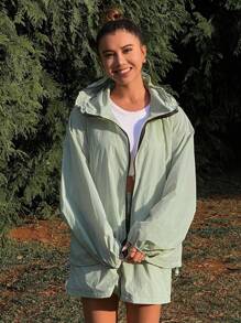 DAZY 2pcs/Set Women Loose Hooded Long Sleeve Jacket And Shorts Set, Casual Sports, Spring/Summer,Fall Clothes Lounge Sets For Women - Green - View 6