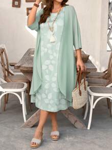 EMERY ROSE 2 chiếc/bộ áo khoác kimono tay dài mùa hè cho nữ cỡ lớn & váy in hoa cổ điển, trang phục ngày lễ Bohemian - màu xanh lá - Xem 3