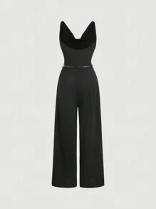 SHEIN MOD 大码黑色优雅垂坠领口系带阔腿连体裤，通勤装 - 黑色 - 查看 2