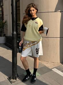 SHEIN EZwear Women's Spring Summer Y2K Daily Wear Couple Same Style Fashion Vintage Streetwear Basic Knit Stretchy Patched Light Yellow Over Size Sleeveless Vest Sweater - Yellow - View 2