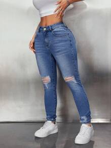 SHEIN ICON Jeans casuales y versátiles de mujer con bolsillos y rotos - Azul lavado medio - Ver 3