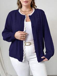Celure Plus Size Women Solid Color Lace Loose Cardigan, Casual Autumn & Winter