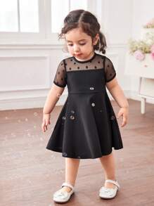 Baby Girl Fern Glow Polka Dot Knitted Mesh Snug Fit Long Sleeve Dress - Black - View 5