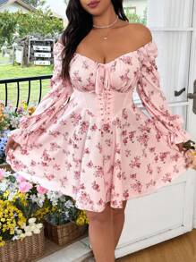 Sunnyshic Women Sweetheart Collar Front Tie Waist Floral Dress, Long Sleeve - Pink - View 3