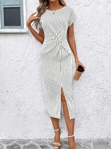 Ellevyn 黑白条纹系腰带圆领短袖紧身中长款女装连衣裙女士夏装女士夏装乡村装女士夏装女士夏装 - 黑與白 - 查看 6