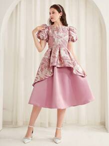 SHEIN Teen Girls' Pink Satin Jacquard Glossy Puff Sleeve Asymmetrical Dress Splicing Color Block Princess Party Dress, Fit For Formal Events, Festivals, Holidays