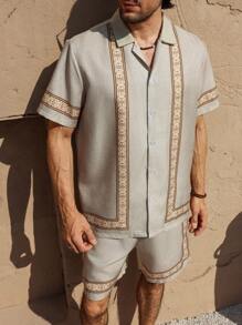 Manfinity RSRT Men's Floral Print Patchwork Texture Shirt And Shorts Set - Apricot - View 4