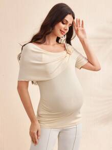 SHEIN 孕妇斜肩修身纯色3D花卉装饰休闲T恤 - 米色 - 查看 7
