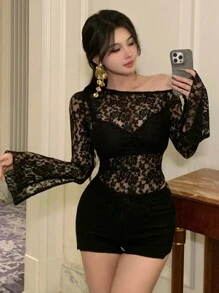 DAZY Women Asymmetric Shoulder Cut-Out Sheer Lace Mesh Blouse,Ruffle