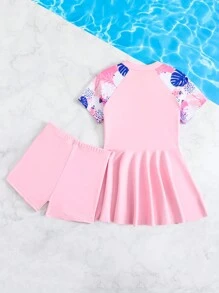 2 件套少女热带海滩植物印花荷叶边比基尼，适合学校游泳课、水上运动、海滩度假