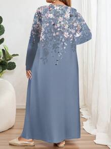 Mellowie 大码休闲简约紫色花卉印花长袖圆领连衣裙，适合秋冬季