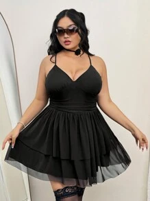 SHEIN ICON Falda midi negra de talla grande con escote en V, plisado en la cintura y doble capa