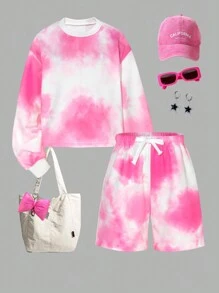 SHEIN Tween Girls Tie-Dye Printed Sweatshirt And Shorts Athleisure Set - Multicolor - View 1